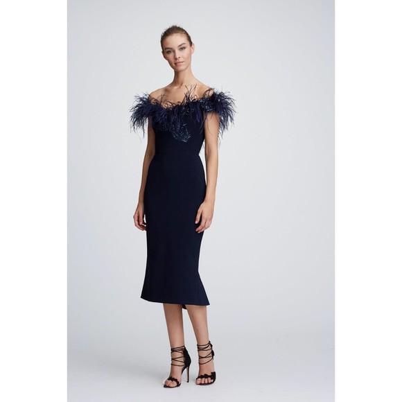 MARCHESA Navy Blue Ostrich Feather Beaded Off Shoulder Fluted Hem Dress 8 M NEW - Picture 5 of 12